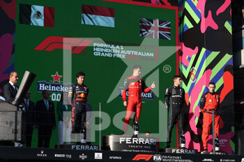 2022-04-10 - podium PEREZ Sergio (mex), Red Bull Racing RB18, LECLERC Charles (mco), Scuderia Ferrari F1-75, RUSSELL George (gbr), Mercedes AMG F1 Team W13, portrait during the Formula 1 Heineken Australian Grand Prix 2022, 3rd round of the 2022 FIA Formula One World Championship, on the Albert Park Circuit, from April 8 to 10, 2022 in Melbourne, Australia - FORMULA 1 HEINEKEN AUSTRALIAN GRAND PRIX 2022, 3RD ROUND OF THE 2022 FIA FORMULA ONE WORLD CHAMPIONSHIP - FORMULA 1 - MOTORS