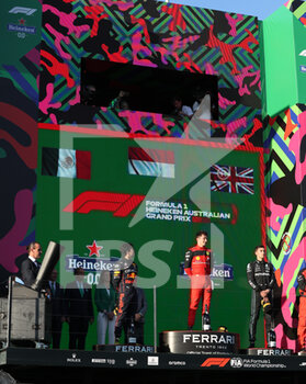 2022-04-10 - podium LECLERC Charles (mco), Scuderia Ferrari F1-75, PEREZ Sergio (mex), Red Bull Racing RB18, RUSSELL George (gbr), Mercedes AMG F1 Team W13, portrait during the Formula 1 Heineken Australian Grand Prix 2022, 3rd round of the 2022 FIA Formula One World Championship, on the Albert Park Circuit, from April 8 to 10, 2022 in Melbourne, Australia - FORMULA 1 HEINEKEN AUSTRALIAN GRAND PRIX 2022, 3RD ROUND OF THE 2022 FIA FORMULA ONE WORLD CHAMPIONSHIP - FORMULA 1 - MOTORS