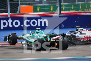 2022-05-08 - 47 SCHUMACHER Mick (ger), Haas F1 Team VF-22 Ferrari, action with 05 VETTEL Sebastian (ger), Aston Martin F1 Team AMR22, crash, accident, during the Formula 1 Crypto.com Miami Grand Prix 2022, 5th round of the 2022 FIA Formula One World Championship, on the Miami International Autodrome, from May 6 to 8, 2022 in Miami Gardens, Florida, United States of America - FORMULA 1 CRYPTO.COM MIAMI GRAND PRIX 2022, 5TH ROUND OF THE 2022 FIA FORMULA ONE WORLD CHAMPIONSHIP - FORMULA 1 - MOTORS