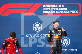 2022-05-08 - VERSTAPPEN Max (ned), Red Bull Racing RB18, portrait, podium with LECLERC Charles (mco), Scuderia Ferrari F1-75 during the Formula 1 Crypto.com Miami Grand Prix 2022, 5th round of the 2022 FIA Formula One World Championship, on the Miami International Autodrome, from May 6 to 8, 2022 in Miami Gardens, Florida, United States of America - FORMULA 1 CRYPTO.COM MIAMI GRAND PRIX 2022, 5TH ROUND OF THE 2022 FIA FORMULA ONE WORLD CHAMPIONSHIP - FORMULA 1 - MOTORS