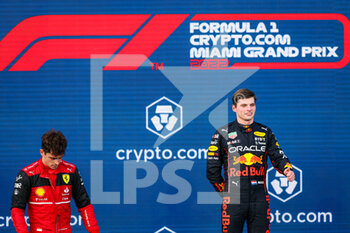 2022-05-08 - Podium: VERSTAPPEN Max (ned), Red Bull Racing RB18, LECLERC Charles (mco), Scuderia Ferrari F1-75, portrait during the Formula 1 Crypto.com Miami Grand Prix 2022, 5th round of the 2022 FIA Formula One World Championship, on the Miami International Autodrome, from May 6 to 8, 2022 in Miami Gardens, Florida, United States of America - FORMULA 1 CRYPTO.COM MIAMI GRAND PRIX 2022, 5TH ROUND OF THE 2022 FIA FORMULA ONE WORLD CHAMPIONSHIP - FORMULA 1 - MOTORS