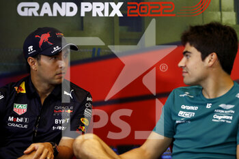2022-06-10 - Sergio Perez, Red Bull Racing and Lance Stroll, Aston Martin during the drivers press conference during the Formula 1 Azerbaijan Grand Prix 2022, 8th round of the 2022 FIA Formula One World Championship, on the Baku City Circuit, from June 10 to 12, 2022 in Baku, Azerbaijan - F1 - AZERBAIJAN GRAND PRIX 2022 - FORMULA 1 - MOTORS