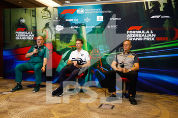 2022-06-11 - MCCULLOUGH Tom, Performance Engineering Director of Aston Martin F1 Team, portrait DEZOTEUX Guillaume Head Of Vehicle Performance of Scuderia AlphaTauri F1 Team ISOLA Mario (ita), Motorsport Racing Manager of Pirelli, portrait press conference during the Formula 1 Azerbaijan Grand Prix 2022, 8th round of the 2022 FIA Formula One World Championship, on the Baku City Circuit, from June 10 to 12, 2022 in Baku, Azerbaijan - F1 - AZERBAIJAN GRAND PRIX 2022 - FORMULA 1 - MOTORS