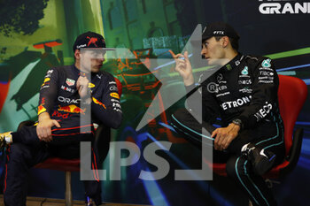 2022-06-12 - VERSTAPPEN Max (ned), Red Bull Racing RB18, portrait RUSSELL George (gbr), Mercedes AMG F1 Team W13, portrait press conference during the Formula 1 Azerbaijan Grand Prix 2022, 8th round of the 2022 FIA Formula One World Championship, on the Baku City Circuit, from June 10 to 12, 2022 in Baku, Azerbaijan - F1 - AZERBAIJAN GRAND PRIX 2022 - RACE - FORMULA 1 - MOTORS