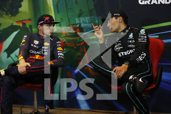 2022-06-12 - VERSTAPPEN Max (ned), Red Bull Racing RB18, portrait RUSSELL George (gbr), Mercedes AMG F1 Team W13, portrait press conference during the Formula 1 Azerbaijan Grand Prix 2022, 8th round of the 2022 FIA Formula One World Championship, on the Baku City Circuit, from June 10 to 12, 2022 in Baku, Azerbaijan - F1 - AZERBAIJAN GRAND PRIX 2022 - RACE - FORMULA 1 - MOTORS