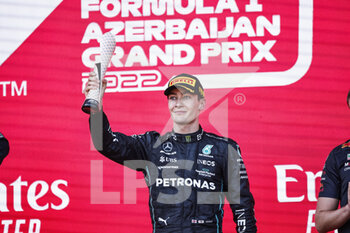 2022-06-12 - RUSSELL George (gbr), Mercedes AMG F1 Team W13, portrait podium celebration during the Formula 1 Azerbaijan Grand Prix 2022, 8th round of the 2022 FIA Formula One World Championship, on the Baku City Circuit, from June 10 to 12, 2022 in Baku, Azerbaijan - F1 - AZERBAIJAN GRAND PRIX 2022 - RACE - FORMULA 1 - MOTORS