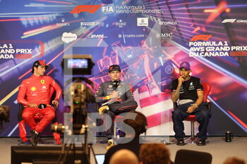 2022-06-19 - SAINZ Carlos (spa), Scuderia Ferrari F1-75, portrait VERSTAPPEN Max (ned), Red Bull Racing RB18, portrait HAMILTON Lewis (gbr), Mercedes AMG F1 Team W13, portrait press conference during the Formula 1 AWS Grand Prix du Canada 2022, 9th round of the 2022 FIA Formula One World Championship, on the Circuit Gilles Villeneuve, from June 17 to 19, 2022 in Montreal, Canada - F1 - CANADIAN GRAND PRIX 2022 - RACE - FORMULA 1 - MOTORS