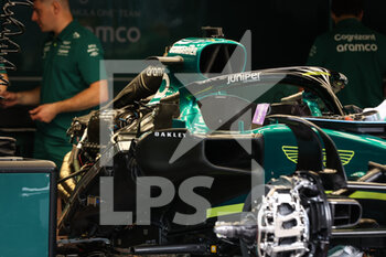 2022-07-07 - garage, box, Aston Martin F1 Team AMR22, mechanical detail, mercedes engine, moteur, during the Formula 1 Rolex Grosser Preis Von Osterreich 2022, 2022 Austrian Grand Prix, 11th round of the 2022 FIA Formula One World Championship from July 8 to 10, 2022 on the Red Bull Ring, in Spielberg, Austria - F1 - AUSTRIAN GRAND PRIX 2022 - FORMULA 1 - MOTORS