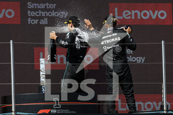 2022-07-24 - Podium, RUSSELL George (gbr), Mercedes AMG F1 Team W13, HAMILTON Lewis (gbr), Mercedes AMG F1 Team W13, portrait during the Formula 1 Lenovo Grand Prix de France, French Grand Prix 2022, 12th round of the 2022 FIA Formula One World Championship from July 22 to 24, 2022 on the Circuit Paul Ricard, in Le Castellet, France - F1 - FRENCH GRAND PRIX 2022 - RACE - FORMULA 1 - MOTORS