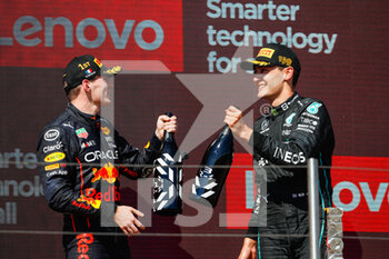 2022-07-24 - podium VERSTAPPEN Max (ned), Red Bull Racing RB18, RUSSELL George (gbr), Mercedes AMG F1 Team W13, portrait during the Formula 1 Lenovo Grand Prix de France, French Grand Prix 2022, 12th round of the 2022 FIA Formula One World Championship from July 22 to 24, 2022 on the Circuit Paul Ricard, in Le Castellet, France - F1 - FRENCH GRAND PRIX 2022 - RACE - FORMULA 1 - MOTORS