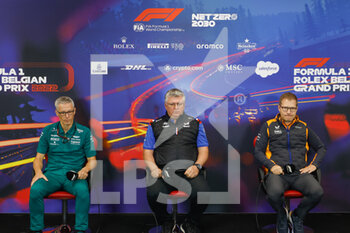 2022-08-27 - KRACK Mike (her), Team Principal and CEO of Aston Martin F1 Team, SZAFNAUER Otmar, Team Principal of Alpine F1 Team, and SEIDL Andreas, Team Principal of McLaren F1 Team, portrait, press conference during the Formula 1 Rolex Belgian Grand Prix 2022, 14th round of the 2022 FIA Formula One World Championship from August 26 to 28, 2022 on the Circuit de Spa-Francorchamps, in Francorchamps, Belgium - F1 - BELGIAN GRAND PRIX 2022 - FORMULA 1 - MOTORS