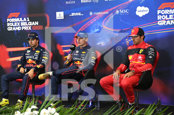 2022-08-27 - Press conference, PEREZ Sergio (mex), Red Bull Racing RB18, VERSTAPPEN Max (ned), Red Bull Racing RB18, SAINZ Carlos (spa), Scuderia Ferrari F1-75, portrait during the Formula 1 Rolex Belgian Grand Prix 2022, 14th round of the 2022 FIA Formula One World Championship from August 26 to 28, 2022 on the Circuit de Spa-Francorchamps, in Francorchamps, Belgium - F1 - BELGIAN GRAND PRIX 2022 - FORMULA 1 - MOTORS