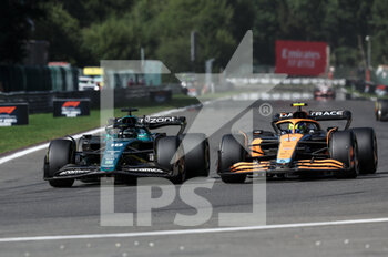2022-08-28 - 18 STROLL Lance (can), Aston Martin F1 Team AMR22, action 04 NORRIS Lando (gbr), McLaren F1 Team MCL36, action during the Formula 1 Rolex Belgian Grand Prix 2022, 14th round of the 2022 FIA Formula One World Championship from August 26 to 28, 2022 on the Circuit de Spa-Francorchamps, in Francorchamps, Belgium - F1 - BELGIAN GRAND PRIX 2022 - RACE - FORMULA 1 - MOTORS