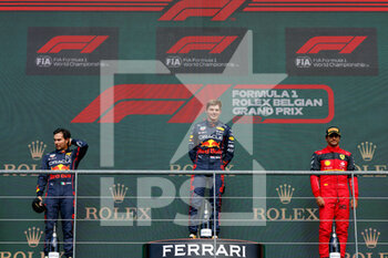 2022-08-28 - VERSTAPPEN Max (ned), Red Bull Racing RB18, PEREZ Sergio (mex), Red Bull Racing RB18, portrait, SAINZ Carlos (spa), Scuderia Ferrari F1-75, podium during the Formula 1 Rolex Belgian Grand Prix 2022, 14th round of the 2022 FIA Formula One World Championship from August 26 to 28, 2022 on the Circuit de Spa-Francorchamps, in Francorchamps, Belgium - F1 - BELGIAN GRAND PRIX 2022 - RACE - FORMULA 1 - MOTORS
