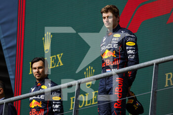 2022-08-28 - Podium, VERSTAPPEN Max (ned), Red Bull Racing RB18, PEREZ Sergio (mex), Red Bull Racing RB18, portrait during the Formula 1 Rolex Belgian Grand Prix 2022, 14th round of the 2022 FIA Formula One World Championship from August 26 to 28, 2022 on the Circuit de Spa-Francorchamps, in Francorchamps, Belgium - F1 - BELGIAN GRAND PRIX 2022 - RACE - FORMULA 1 - MOTORS