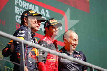 2022-08-28 - podium VERSTAPPEN Max (ned), Red Bull Racing RB18, PEREZ Sergio (mex), Red Bull Racing RB18, SAINZ Carlos (spa), Scuderia Ferrari F1-75, portrait during the Formula 1 Rolex Belgian Grand Prix 2022, 14th round of the 2022 FIA Formula One World Championship from August 26 to 28, 2022 on the Circuit de Spa-Francorchamps, in Francorchamps, Belgium - F1 - BELGIAN GRAND PRIX 2022 - RACE - FORMULA 1 - MOTORS