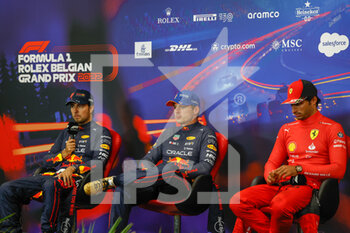 2022-08-28 - VERSTAPPEN Max (ned), Red Bull Racing RB18, PEREZ Sergio (mex), Red Bull Racing RB18, portrait, SAINZ Carlos (spa), Scuderia Ferrari F1-75, portrait, press conference during the Formula 1 Rolex Belgian Grand Prix 2022, 14th round of the 2022 FIA Formula One World Championship from August 26 to 28, 2022 on the Circuit de Spa-Francorchamps, in Francorchamps, Belgium - F1 - BELGIAN GRAND PRIX 2022 - RACE - FORMULA 1 - MOTORS