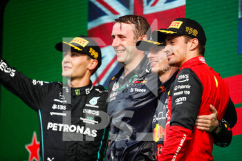 2022-09-04 - podium RUSSELL George (gbr), Mercedes AMG F1 Team W13, VERSTAPPEN Max (ned), Red Bull Racing RB18, LECLERC Charles (mco), Scuderia Ferrari F1-75, portrait during the Formula 1 Heineken Dutch Grand Prix 2022, 15th round of the 2022 FIA Formula One World Championship from September 2 to 4, 2022 on the Zandvoort Circuit, in Netherlands, Belgium - F1 - DUTCH GRAND PRIX 2022 - RACE - FORMULA 1 - MOTORS