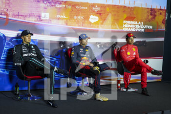 2022-09-04 - RUSSELL George (gbr), Mercedes AMG F1 Team W13, VERSTAPPEN Max (ned), Red Bull Racing RB18, LECLERC Charles (mco), Scuderia Ferrari F1-75, portrait, press conference during the Formula 1 Heineken Dutch Grand Prix 2022, 15th round of the 2022 FIA Formula One World Championship from September 2 to 4, 2022 on the Zandvoort Circuit, in Netherlands, Belgium - F1 - DUTCH GRAND PRIX 2022 - RACE - FORMULA 1 - MOTORS