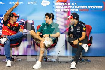 2022-10-20 - SAINZ Carlos (spa), Scuderia Ferrari F1-75, portrait STROLL Lance (can), Aston Martin F1 Team AMR22, portrait PEREZ Sergio (mex), Red Bull Racing RB18, portrait press conference during the Formula 1 Aramco United States Grand Prix 2022, 19th round of the 2022 FIA Formula One World Championship from October 21 to 23, 2022 on the Circuit of the Americas, in Austin, Texas - F1 - UNITED STATES GRAND PRIX 2022 - FORMULA 1 - MOTORS