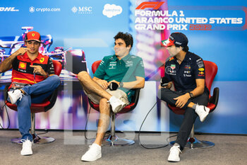 2022-10-20 - SAINZ Carlos (spa), Scuderia Ferrari F1-75, portrait STROLL Lance (can), Aston Martin F1 Team AMR22, portrait PEREZ Sergio (mex), Red Bull Racing RB18, portrait press conference during the Formula 1 Aramco United States Grand Prix 2022, 19th round of the 2022 FIA Formula One World Championship from October 21 to 23, 2022 on the Circuit of the Americas, in Austin, Texas - F1 - UNITED STATES GRAND PRIX 2022 - FORMULA 1 - MOTORS