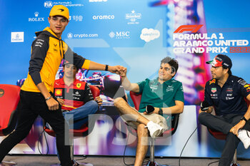 2022-10-20 - NORRIS Lando (gbr), McLaren F1 Team MCL36, portrait STROLL Lance (can), Aston Martin F1 Team AMR22, portrait PEREZ Sergio (mex), Red Bull Racing RB18, portrait press conference during the Formula 1 Aramco United States Grand Prix 2022, 19th round of the 2022 FIA Formula One World Championship from October 21 to 23, 2022 on the Circuit of the Americas, in Austin, Texas - F1 - UNITED STATES GRAND PRIX 2022 - FORMULA 1 - MOTORS