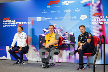 2022-10-22 - Press conference: CAPITO Jost, Chief Executive Officer of Williams Racing, BROWN Zak (usa), CEO of of McLaren Racing, HORNER Christian (gbr), Team Principal of Red Bull Racing, portrait during the Formula 1 Aramco United States Grand Prix 2022, 19th round of the 2022 FIA Formula One World Championship from October 21 to 23, 2022 on the Circuit of the Americas, in Austin, Texas - F1 - UNITED STATES GRAND PRIX 2022 - FORMULA 1 - MOTORS