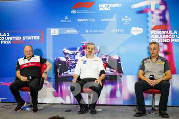 2022-10-22 - Press conference: VASSEUR Frederic (fra), Team Principal of Alfa Romeo F1 Team ORLEN, STEINER Guenther (ita), Team Principal of Haas F1 team, ISOLA Mario (ita), Motorsport Racing Manager of Pirelli, portrait during the Formula 1 Aramco United States Grand Prix 2022, 19th round of the 2022 FIA Formula One World Championship from October 21 to 23, 2022 on the Circuit of the Americas, in Austin, Texas - F1 - UNITED STATES GRAND PRIX 2022 - FORMULA 1 - MOTORS