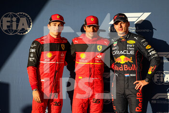 2022-10-22 - LECLERC Charles (mco), Scuderia Ferrari F1-75, SAINZ Carlos (spa), Scuderia Ferrari F1-75, VERSTAPPEN Max (ned), Red Bull Racing RB18, portrait during the Formula 1 Aramco United States Grand Prix 2022, 19th round of the 2022 FIA Formula One World Championship from October 21 to 23, 2022 on the Circuit of the Americas, in Austin, Texas - F1 - UNITED STATES GRAND PRIX 2022 - FORMULA 1 - MOTORS
