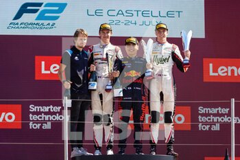 2022-07-24 - Podium, Charles Pic, Pourchaire Théo (fra), ART Grand Prix, Dallara F2, IWASA Ayumu (jpn), DAMS, Dallara F2, VESTI Frederik (dnk), ART Grand Prix, Dallara F2, portrait during the 9th round of the 2022 FIA Formula 2 Championship, from July 22 to 24, 2022 on the Circuit Paul Ricard, in Le Castellet, France - AUTO - FORMULA 2 2022 - FRANCE - FORMULA 2 - MOTORS