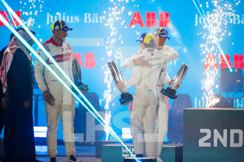 2022-01-27 - podium De Vries Nyck (nld), Mercedes-EQ Silver Arrow 02, Vandoorne Stoffel (bel), Mercedes-EQ Silver Arrow 02, Dennis Jake (gbr), Avalanche Andretti Formula E, BMW iFE.21, portrait during the 2022 Diriyah ePrix, 1st and 2nd round of the 2022 Formula E World Championship, on the Riyadh Street Circuit from January 28 to 30, in Riyadh, Saudi Arabia - 2022 DIRIYAH EPRIX, 1ST AND 2ND ROUND OF THE 2022 FORMULA E WORLD CHAMPIONSHIP - FORMULA E - MOTORS