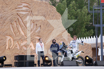 2022-01-01 - 12 De Soultrait Xavier (fra), HT Rally Raid Husqvarna Racing, Husqvarna FR 450 Rally, Moto, Motul, action during the Podium Start of the Dakar Rally 2022, on January 1st 2022 in Hail, Saudi Arabia - PODIUM START OF THE DAKAR RALLY 2022 - RALLY - MOTORS