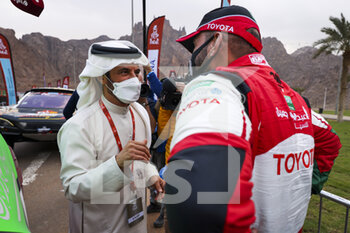 2022-01-01 - Al Rajhi Yazeed (sau), Overdrive Toyota, Toyota Hilux Overdrive, Auto FIA T1/T2, W2RC, Ben Sulaymen Mohammed (are), President of the FIA, portrait during the Podium Start of the Dakar Rally 2022, on January 1st 2022 in Hail, Saudi Arabia - PODIUM START OF THE DAKAR RALLY 2022 - RALLY - MOTORS