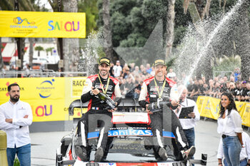 2022-10-23 - Celebrating the final Podium, SalouS,ébastien Ogier , Benjamin Veillas ,TOYOTA GAZOO RACING  - FIA WORLD RALLY CHAMPIONSHIP -WRC-RALLYRACC-CATALUNYA RALLY DE ESPANA 2022 - RALLY - MOTORS