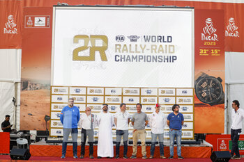 2022-12-30 - Jérôme Roussel, Cross-Country Rally Championships Category Manager, Jean-François Wulveryck, FIM Cross-Country Commission Director - FIM International Jury President, Mahir Badri, CEO of EMSO, Yann Le Moënner, CEO of A.S.O., Promoter of the World Rally-Raid Championship, Pablo Eli, Desafio Ruta 40 Director, Darren Skilton, Sonora Rally Director, David Castera, Dakar Director, portrait at the press conference for the 2023 W2RC Championship during the Dakar 2023, from December 28 to 30, 2022 at Sea Camp near Yanbu, Saudi Arabia - AUTO - DAKAR 2023 - SCRUTINEERING - RALLY - MOTORS