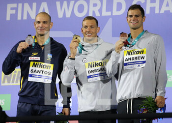 2022-06-19 - Nicholas Santos of Brazil Silver medal, Caeleb Dressel of USA Gold medal, Michael Andrew of USA Bronze medal, Men 50 M Butterfly during the 19th FINA World Championships Budapest 2022, Swimming event on June 19, 2022 in Budapest, Hungary - SWIMMING - FINA WORLD CHAMPIONSHIPS BUDAPEST 2022 - SWIMMING - SWIMMING