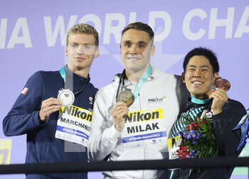 2022-06-21 - Leon Marchand of France Silver medal, Kristof Milak of Hungary Gold medal, Tomoru Honda of Japan Bronze medal, Men 200 M Butterfly during the 19th FINA World Championships Budapest 2022, Swimming event on June 21, 2022 in Budapest, Hungary - SWIMMING - FINA WORLD CHAMPIONSHIPS BUDAPEST 2022 - SWIMMING - SWIMMING