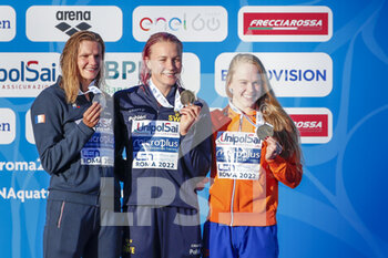 13/08/2022 - Marie Wattel of France Silver medal, Sarah Sjoestroem of Sweden Gold medal, Maaike de Waard of The Netherlands Bronze medal during the Women's 50m butterfly at the LEN European Aquatics Roma 2022 on August 13, 2022 at Stadio del Nuoto in Rome, Italy - SWIMMING - LEN EUROPEAN AQUATICS ROMA 2022 - NUOTO - NUOTO