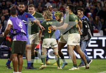 12/11/2022 - Kurt-Lee Arendse of South Africa celebrates his try with teammates during the 2022 Autumn Nations Series, rugby union test match between France and South Africa (Springboks) on November 12, 2022 at Velodrome stadium in Marseille, France - RUGBY - TEST MATCH - FRANCE V SOUTH AFRICA - AUTUMN NATIONS SERIES - RUGBY