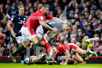 2022-02-12 - Stuart Hogg of Scotland is tackled by Tomas Francis of Wales during the Six Nations 2022, rugby union match between Wales and Scotland on February 12, 2022 at Principality Stadium in Cardiff, Wales - SIX NATIONS 2022 - WALES VS SCOTLAND - SIX NATIONS - RUGBY