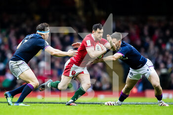 2022-02-12 - Tomos Williams of Wales under pressure from Hamish Watson of Scotland during the Six Nations 2022, rugby union match between Wales and Scotland on February 12, 2022 at Principality Stadium in Cardiff, Wales - SIX NATIONS 2022 - WALES VS SCOTLAND - SIX NATIONS - RUGBY