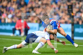 2022-02-26 - France's Antoine Dupont is tackled by Scotland's Ali Price during the Six Nations 2022, rugby union match between Scotland and France on February 26, 2022 at BT Murrayfield Stadium in Edinburgh, Scotland - SIX NATIONS 2022 - SCOTLAND VS FRANCE - SIX NATIONS - RUGBY