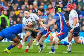 2022-02-26 - Scotland's Rory Darge is tackled by France's Jonathan Danty and France's Romain Ntamack during the Six Nations 2022, rugby union match between Scotland and France on February 26, 2022 at BT Murrayfield Stadium in Edinburgh, Scotland - SIX NATIONS 2022 - SCOTLAND VS FRANCE - SIX NATIONS - RUGBY