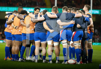 2022-03-11 - France players during the warm up before the Six Nations 2022 rugby union match between Wales and France on March 11, 2022 at Principality Stadium in Cardiff, Wales - SIX NATIONS 2022 - WALES VS FRANCE - SIX NATIONS - RUGBY