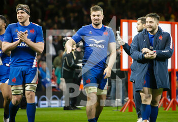 2022-03-11 - Anthony Jelonch, Gregory Alldritt, Cyril Baille of France celebrate after the Six Nations 2022 rugby union match between Wales and France on March 11, 2022 at Principality Stadium in Cardiff, Wales - SIX NATIONS 2022 - WALES VS FRANCE - SIX NATIONS - RUGBY