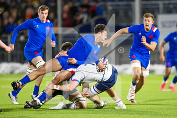 2022-02-25 - France's Theo Ntamack is tackled by Scotland's Rhys Tait during the Under - 20 Six Nations 2022, rugby union match between Scotland and France on February 25, 2022 at the DAM Healthcare Stadium in Edinburgh, Scotland - UNDER - 20 SIX NATIONS 2022 - SCOTLAND VS FRANCE - WORLD CUP - RUGBY