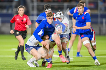 2022-02-25 - France's Emilien Gailleton is tackled during the Under - 20 Six Nations 2022, rugby union match between Scotland and France on February 25, 2022 at the DAM Healthcare Stadium in Edinburgh, Scotland - UNDER - 20 SIX NATIONS 2022 - SCOTLAND VS FRANCE - WORLD CUP - RUGBY