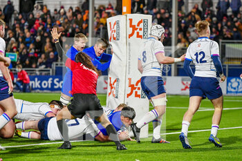 2022-02-25 - France's Connor Sa scores a try during the Under - 20 Six Nations 2022, rugby union match between Scotland and France on February 25, 2022 at the DAM Healthcare Stadium in Edinburgh, Scotland - UNDER - 20 SIX NATIONS 2022 - SCOTLAND VS FRANCE - WORLD CUP - RUGBY