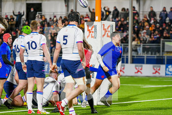 2022-02-25 - France's Connor Sa celebrates after he scores a try during the Under - 20 Six Nations 2022, rugby union match between Scotland and France on February 25, 2022 at the DAM Healthcare Stadium in Edinburgh, Scotland - UNDER - 20 SIX NATIONS 2022 - SCOTLAND VS FRANCE - WORLD CUP - RUGBY