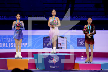 2022-12-09 - The podium of Junior Women:
Mao Shimada (Japan - Junior women 1st place)
Jia Shin (Korea - Junior women 2nd place)
Chaeyeon Kim (Korea - Junior women 3th place)  - 2022 ISU SKATING GRAND PRIX FINALS - DAY2 - ICE SKATING - WINTER SPORTS